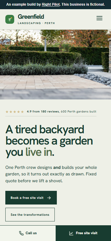 The same Greenfield demonstration website on a phone