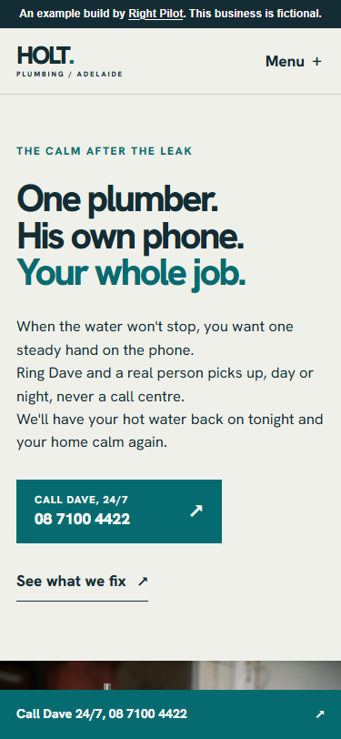 Holt Plumbing demonstration website on a phone